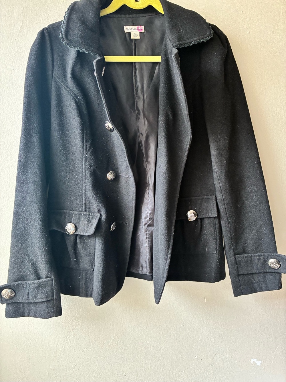 Body Central Black Peacoat with Silver Button Detail